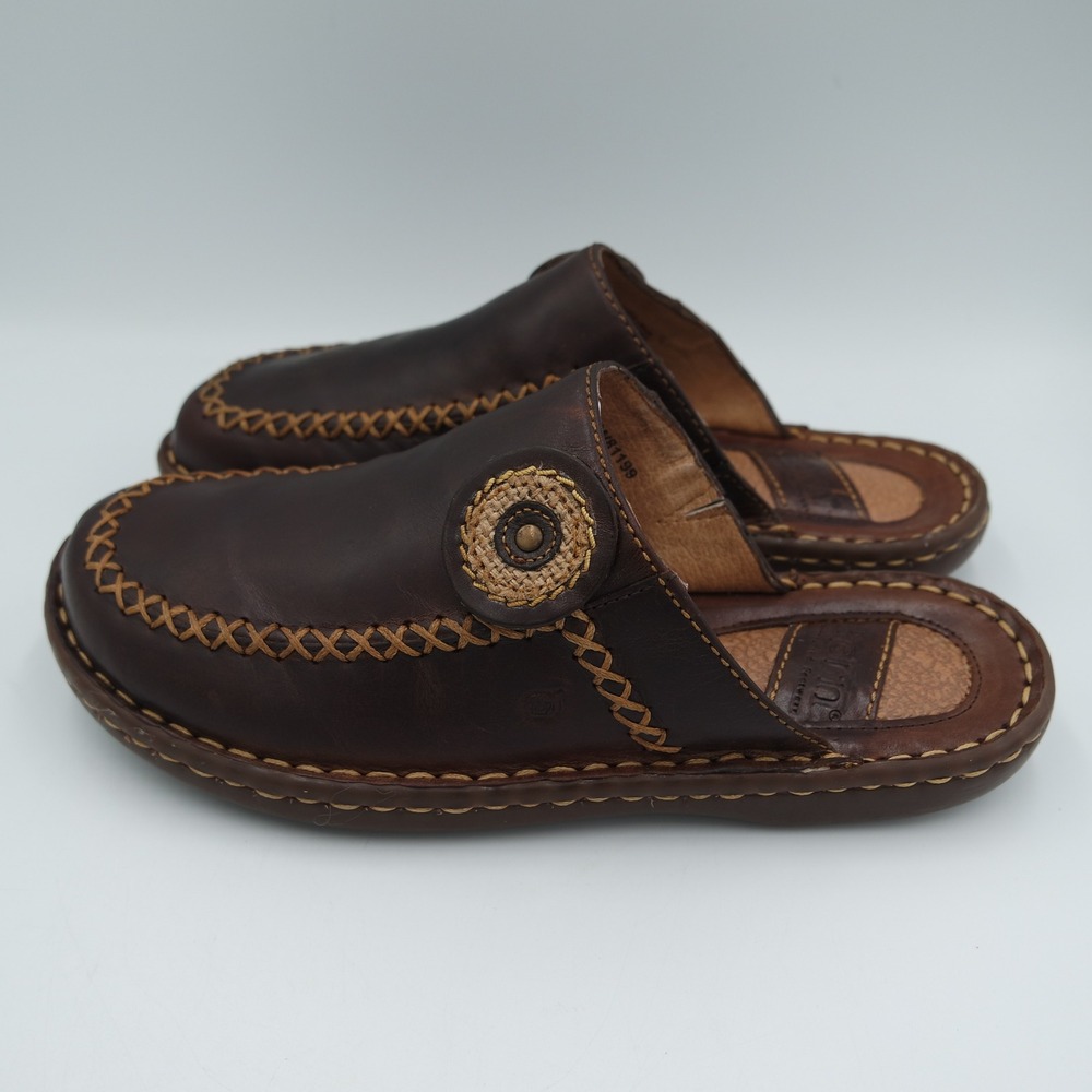 Born Women Dark Brown Leather Whipstitch Clog Mules Moc Toe Slip On Shoes Size 8